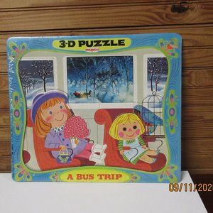 2 Vintage Remco 1968 Frame Tray 3D Puzzles NOS Boy Girl Bus Butterflies Flowers